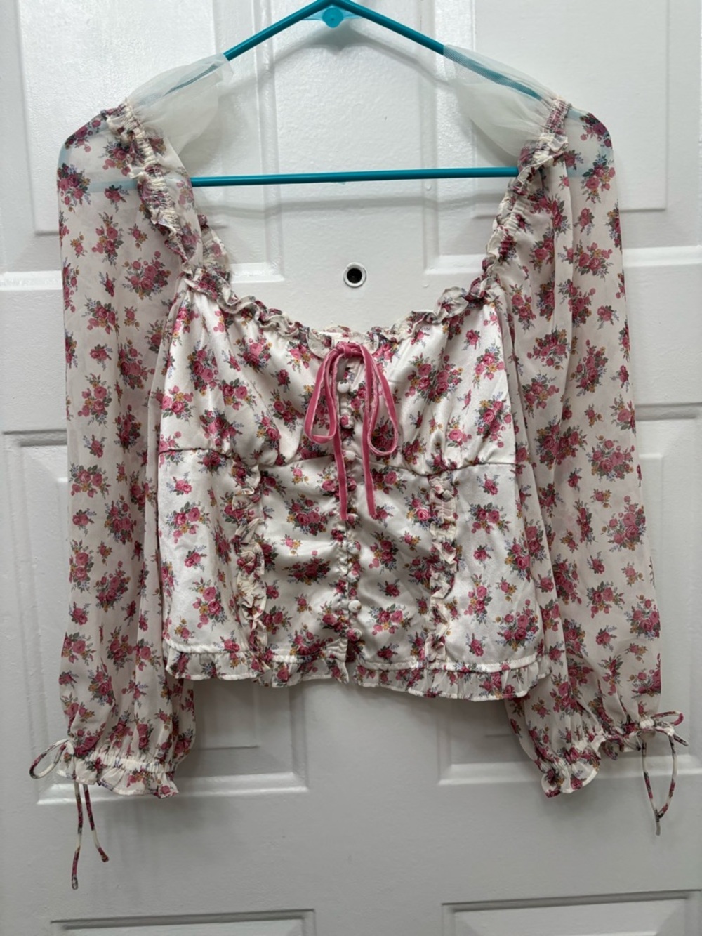 For Love & Lemons Pink Floral Ruffle Tie-Front Blouse on Cream